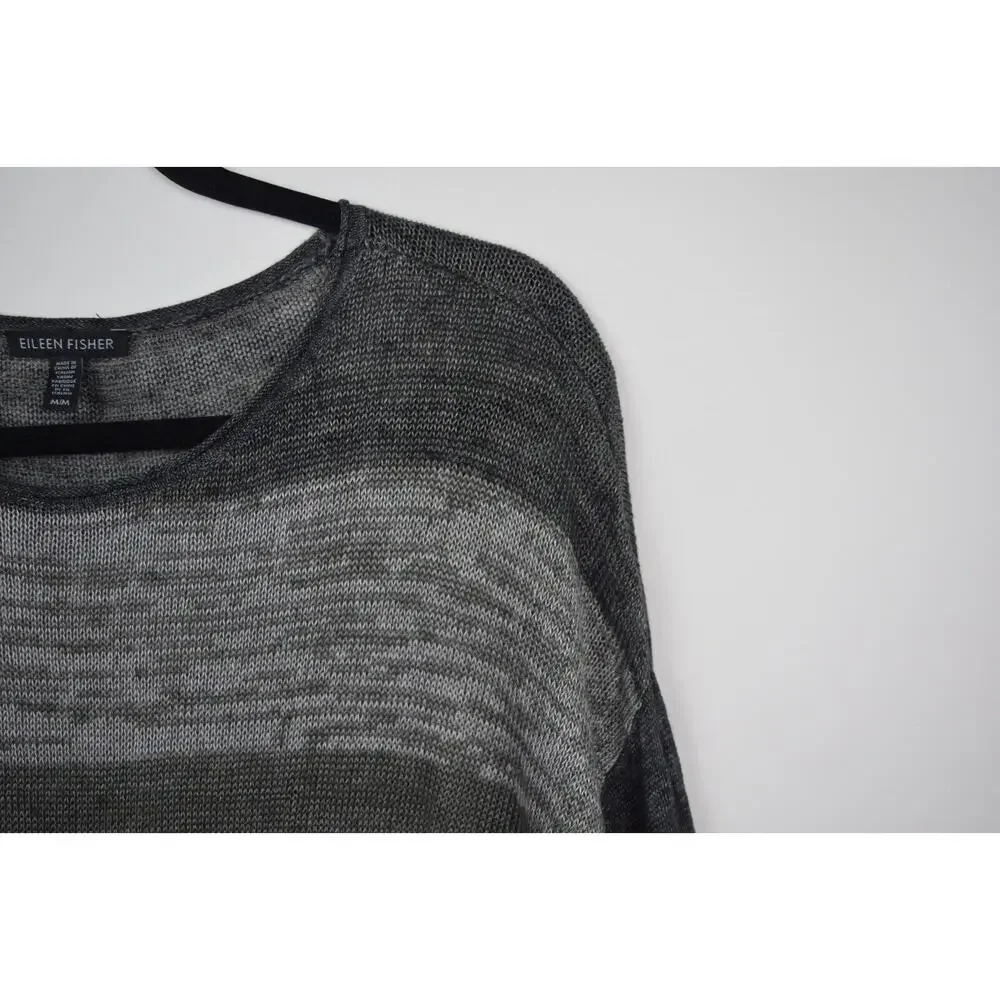 Eileen Fisher Womens Sweater Open Knit Linen Gray Striped Long Sleeve Sz Medium - Picture 5 of 16